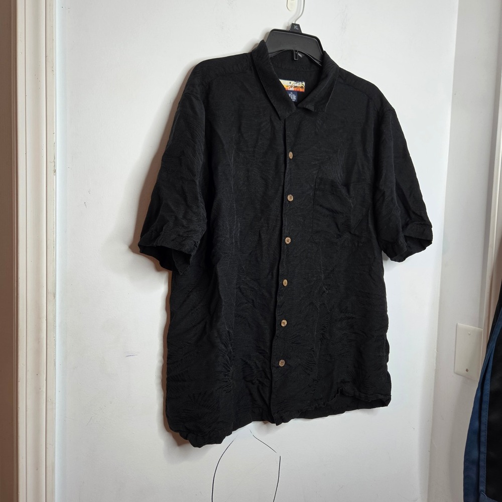Havana Jack's Cafe Mens XL Black 100% Silk Jacquard Palm Leaf Tropical Shirt